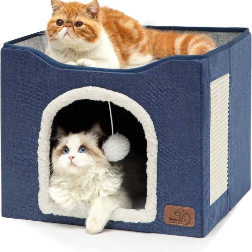 bedsure-cat-beds-for-indoor-cats-large-cat-cave-for-pet-cat-house-with-fluffy-ball-hanging-and-scratch-pad-foldable-cat-hideaway-16-5x16-5x14-inches-brown