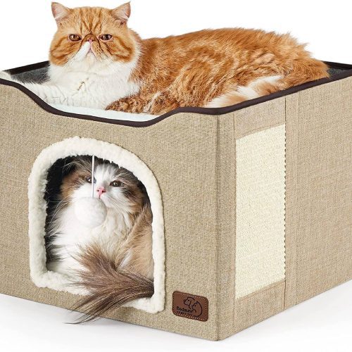 bedsure-cat-beds-for-indoor-cats-large-cat-cave-for-pet-cat-house-with-fluffy-ball-hanging-and-scratch-pad-foldable-cat-hideaway-16-5x16-5x14-inches-brown